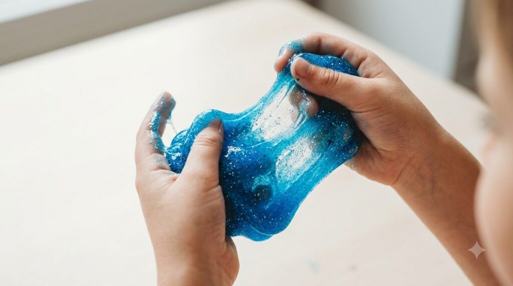 A child s hands stretching and playing with a vibrant blue sparkly slime on a clean surface