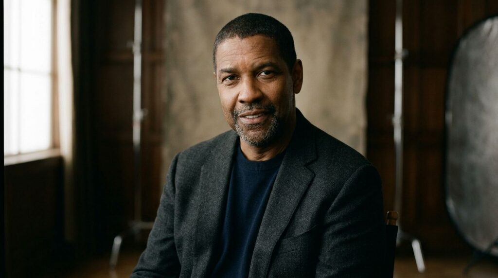 A sophisticated contemporary portrait of Denzel Washington showcasing his enduring presence and classic Hollywood appeal