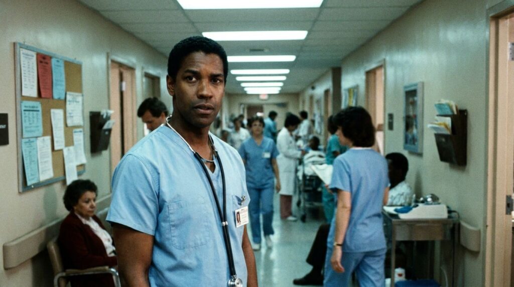 A young Denzel Washington in character as Dr Phillip Chandler from the 1980s TV show St Elsewhere wearing hospital scrub