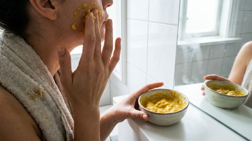 A person applying the yellow turmeric and banana mask to their face using their fingertips with a small bowl of the mask