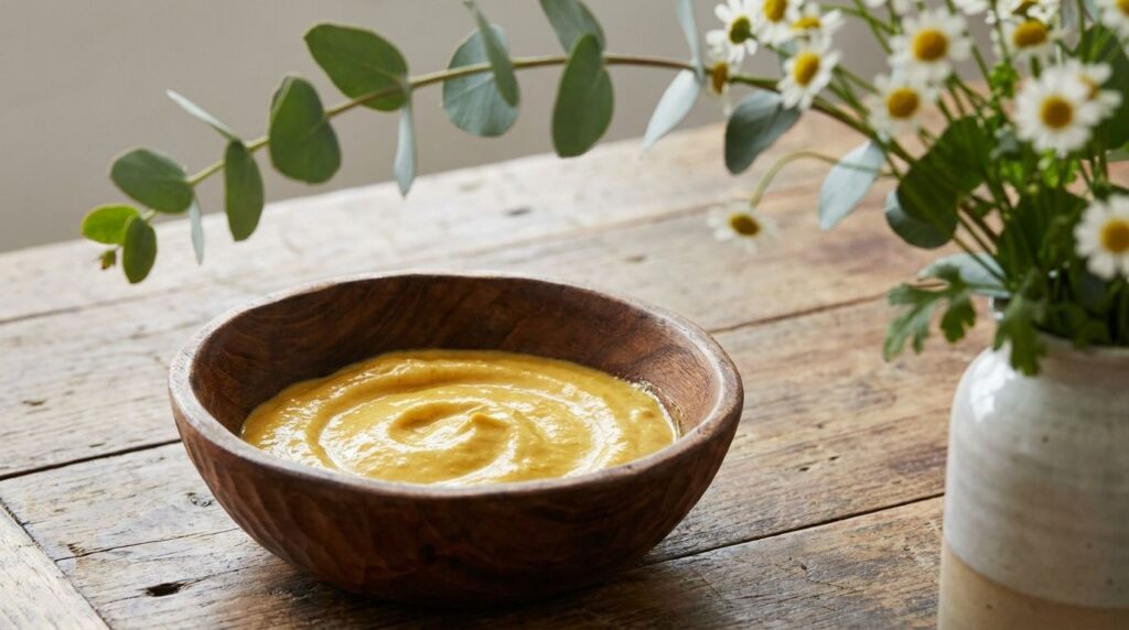A small wooden bowl filled with the finished yellow turmeric and banana mask placed on a rustic wooden table with some g