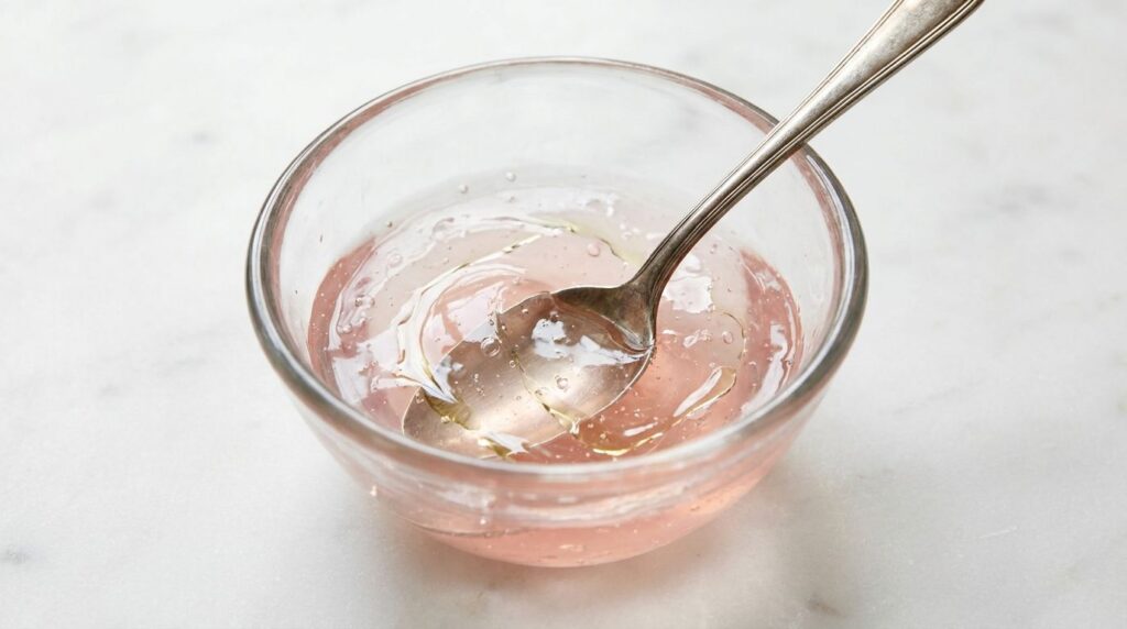 Close-up of pink aloe vera gel and baby oil being mixed in a small glass bowl