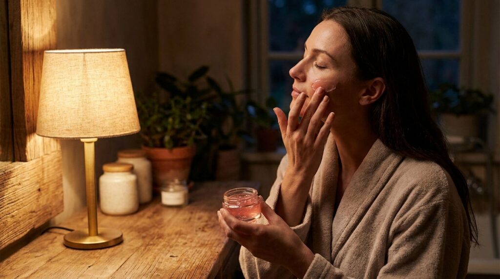 A woman gently applying the pink gel and baby oil blend to her face at night with a soft glow