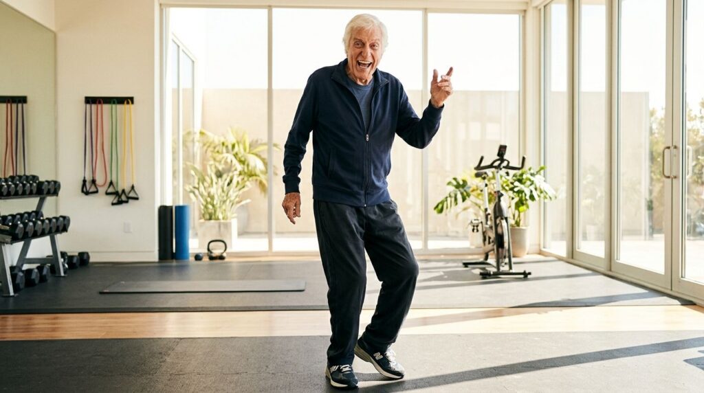 Dick Van Dyke in his late 90s actively dancing or exercising in a brightly lit gym with a joyful expression