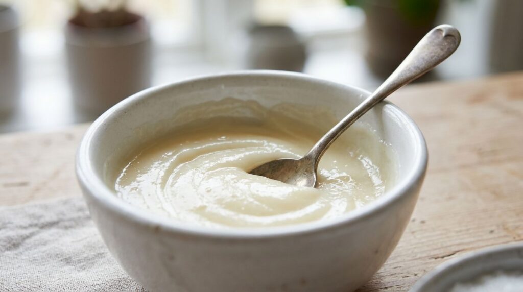 A close-up of a small white bowl containing a creamy smooth mixture of Vaseline and egg with a spoon resting in it ready