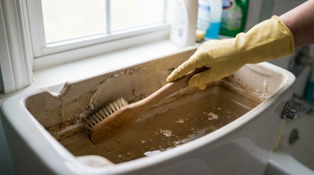 A hand wearing a rubber glove is scrubbing the inside of a toilet tank with a cleaning brush The tank water is cloudy wi