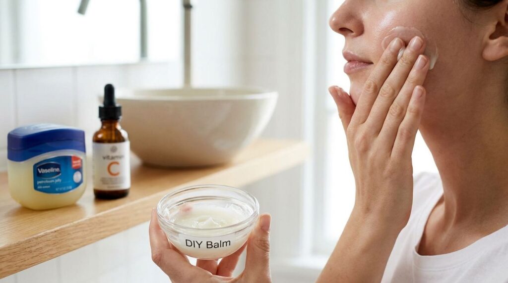 A close-up of a person s hand gently applying the DIY Vaseline and Vitamin C mixture to their clean bare face The skin o