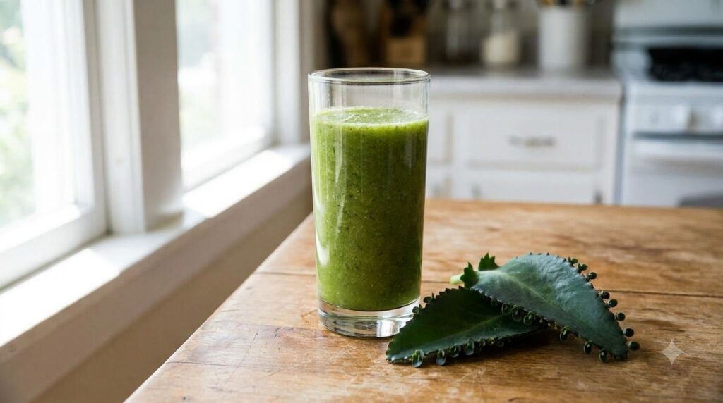 A glass of freshly prepared green Mother of Thousands juice with a few whole leaves beside it symbolizing a natural reme