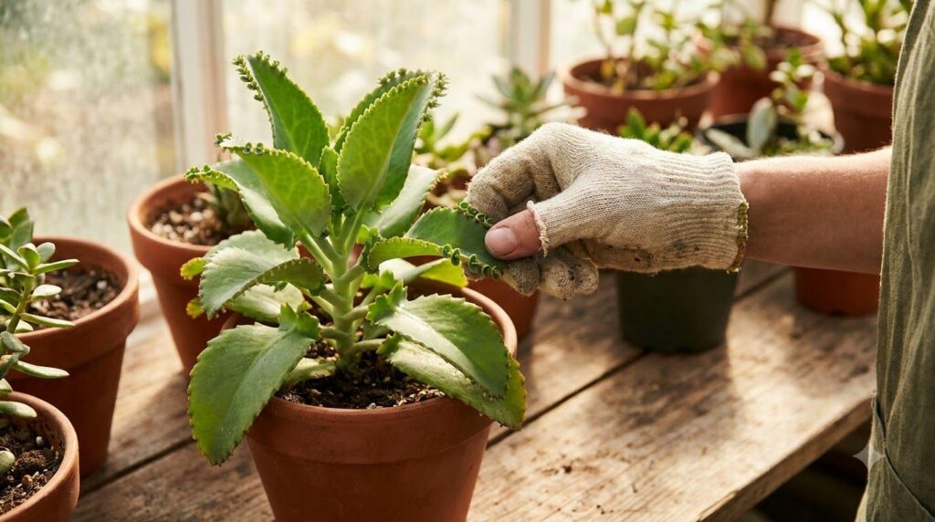 A close-up of a hand harvesting fresh healthy leaves from a Mother of Thousands plant showing care in selection