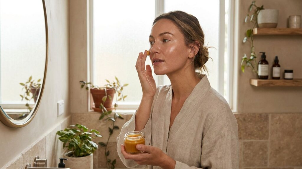 A woman gently applying a homemade balm to her cheek during her nightly skincare routine with soft warm lighting creatin