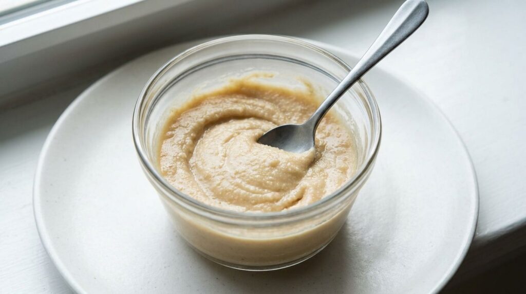 A close-up of a small glass bowl containing the mixed paste of Vaseline honey and baking soda with a spoon resting in it