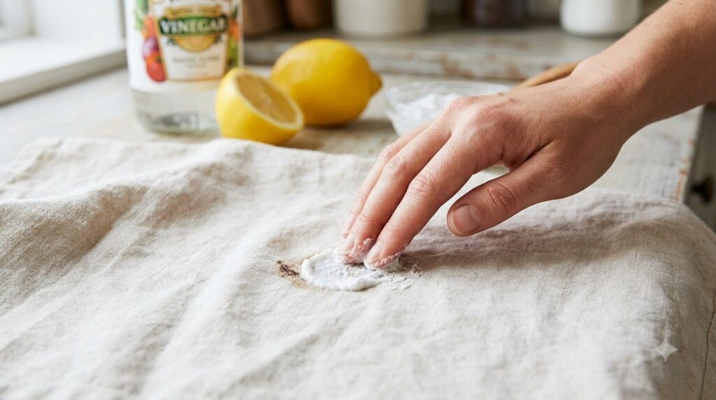 A close-up of a person s hand applying a paste of baking soda and a liquid to a stain on a piece of fabric with bottles 