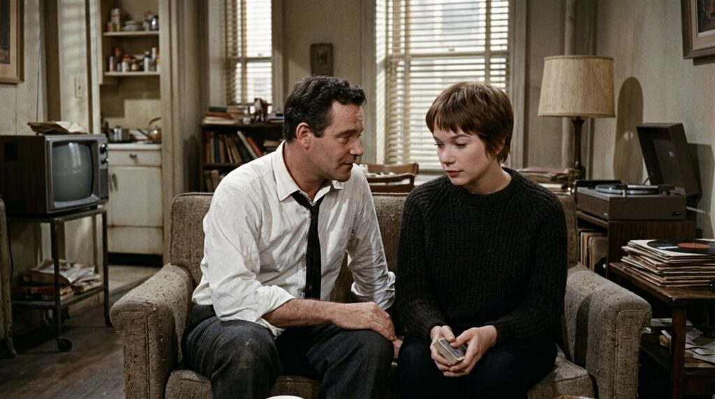 Jack Lemmon and Shirley MacLaine in a scene from The Apartment sharing a quiet moment