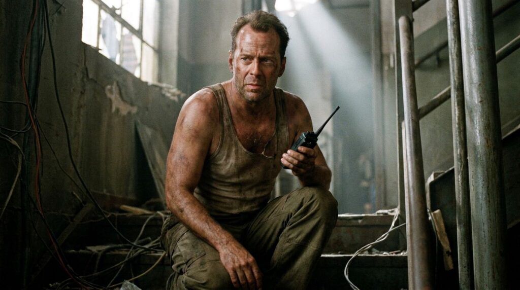 Bruce Willis as John McClane in Die Hard looking tough and determined