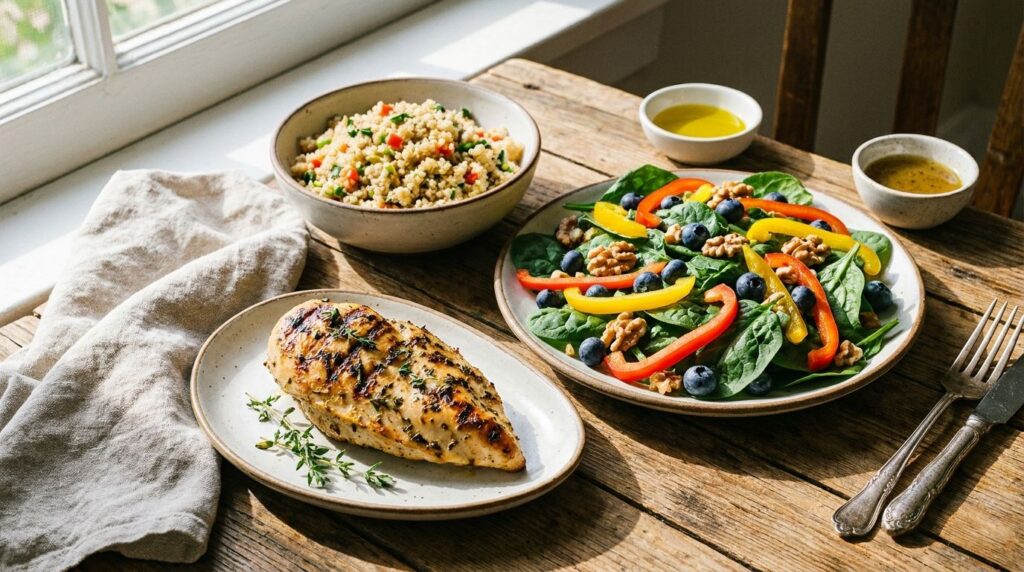 A vibrant balanced meal consisting of grilled chicken a side of quinoa or brown rice and a colorful salad with mixed gre