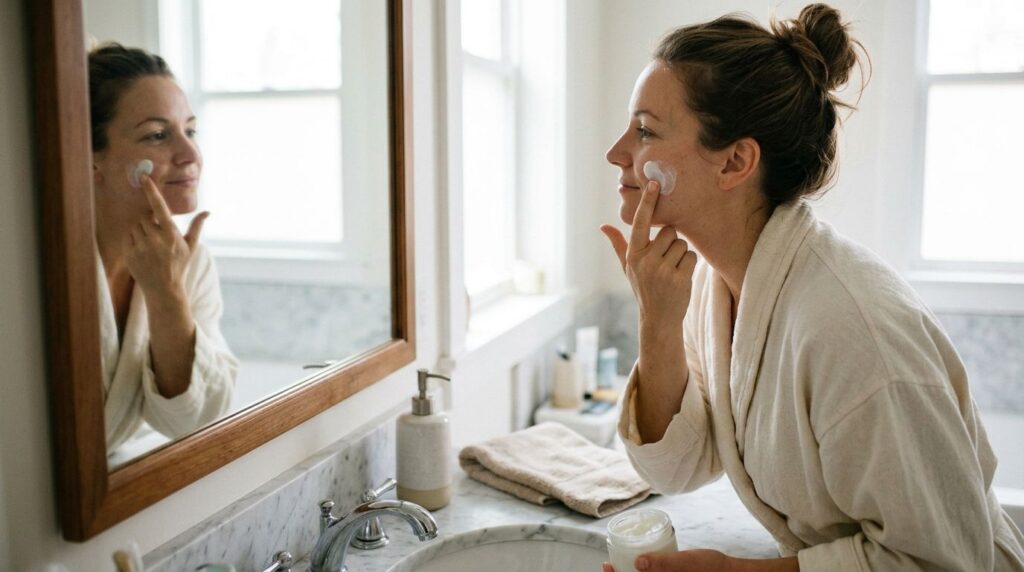 A woman gently applying the homemade baby powder and Vaseline blend to her cheek looking into a mirror with a soft radia