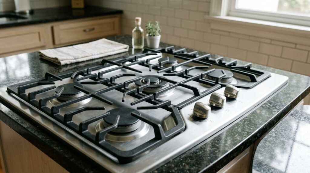 A sparkling clean gas stovetop after cleaning showing no grease or food residue and a fresh appearance