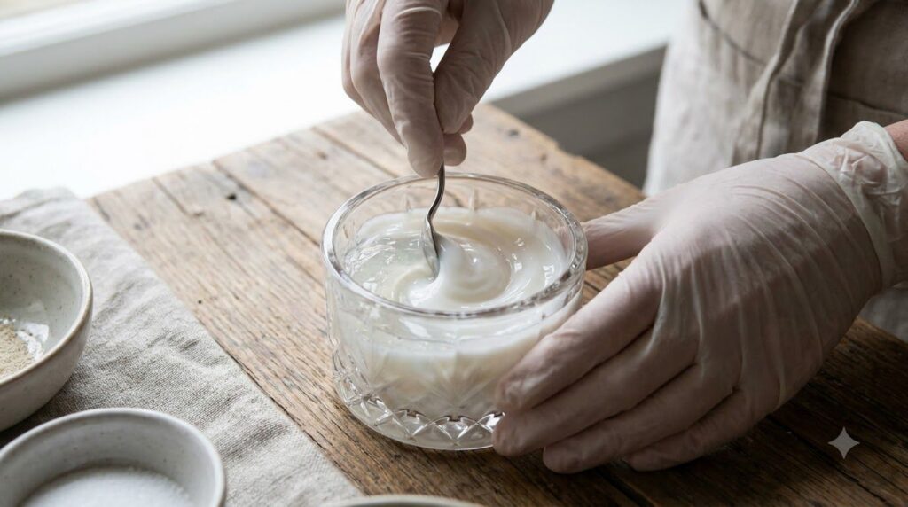 A woman s hands gently mixing aloe vera gel and Pond s cream in a small glass jar with a small spatula showing a smooth 