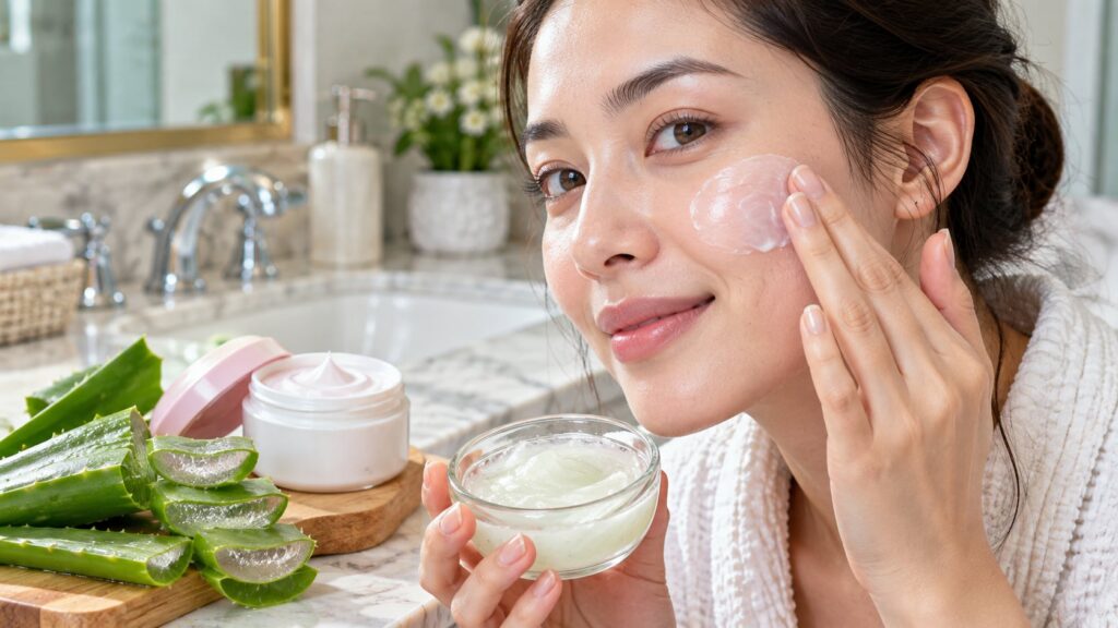 A woman s hand gently applying the mixed aloe vera and Pond s cream to her cheek demonstrating gentle upward motions