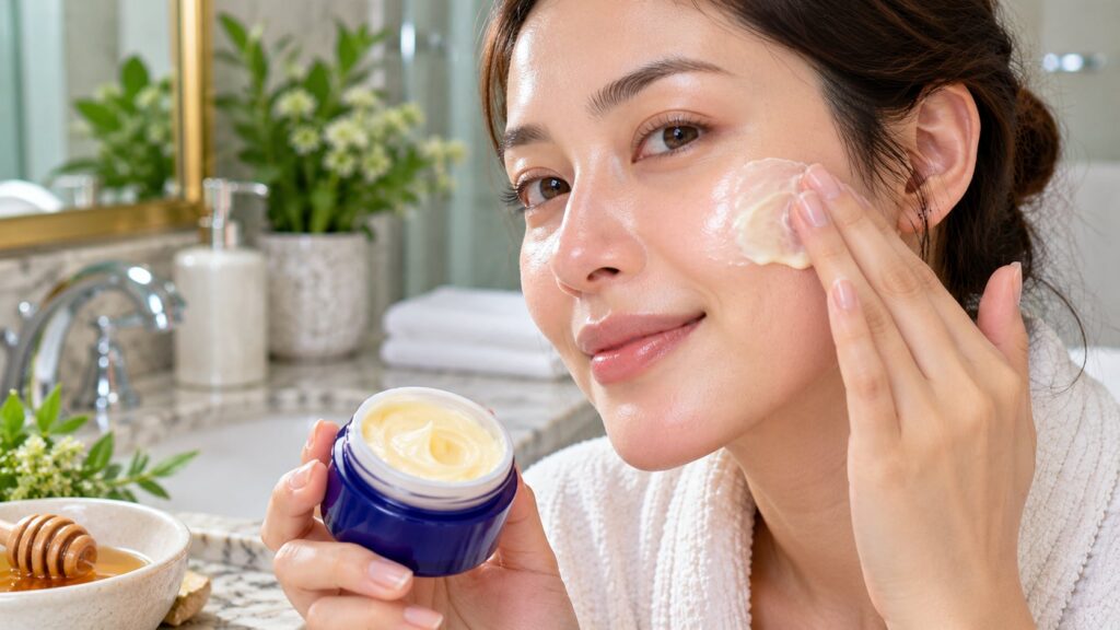 A close-up of a hand applying the Nivea Honey Glow Cream blend to a clean face showing a soft dewy finish on the skin Th