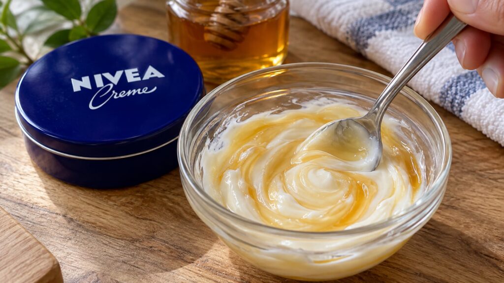 A small glass bowl with NIVEA Creme and honey being mixed with a spoon showing a smooth creamy texture The background is
