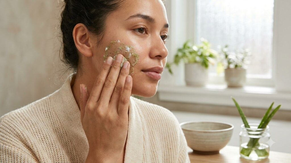 A person gently massaging the homemade aloe vera and baking soda scrub onto their face in a circular motion Their eyes a