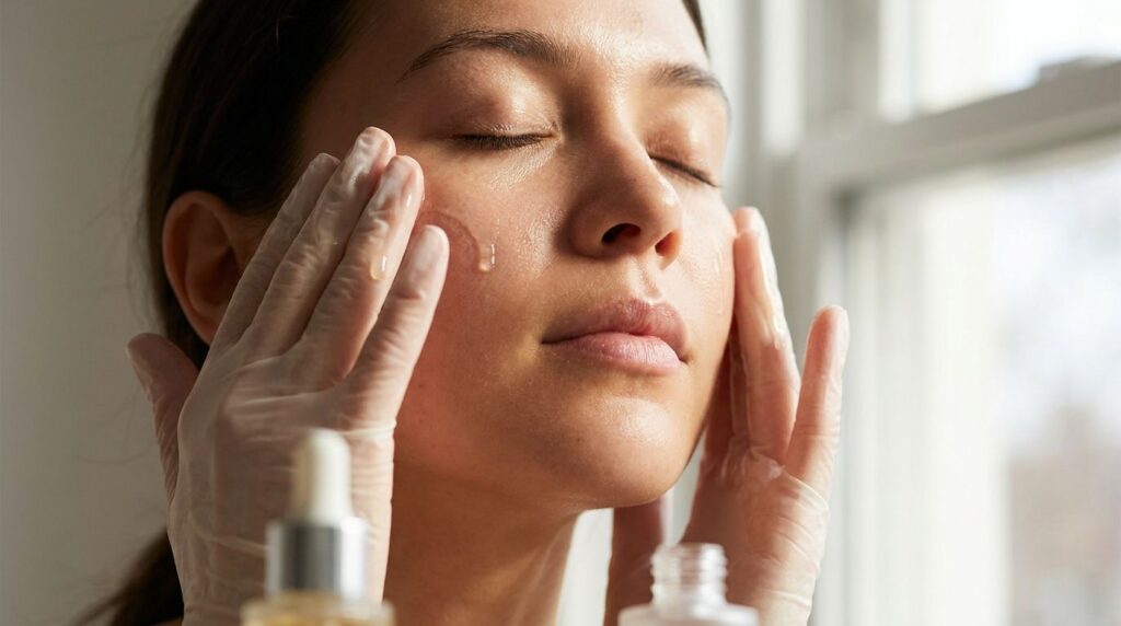 A person s hands gently massaging a few drops of homemade facial oil onto their clean face illustrating proper applicati
