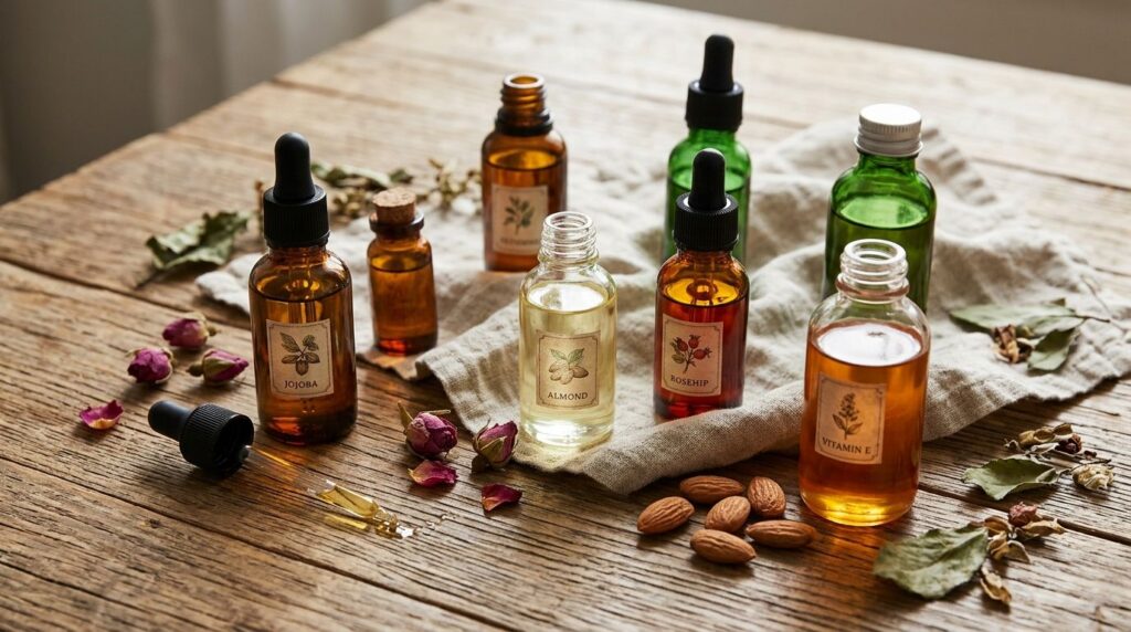 A collection of small bottles of natural oils like jojoba almond rosehip and vitamin E neatly arranged on a rustic woode