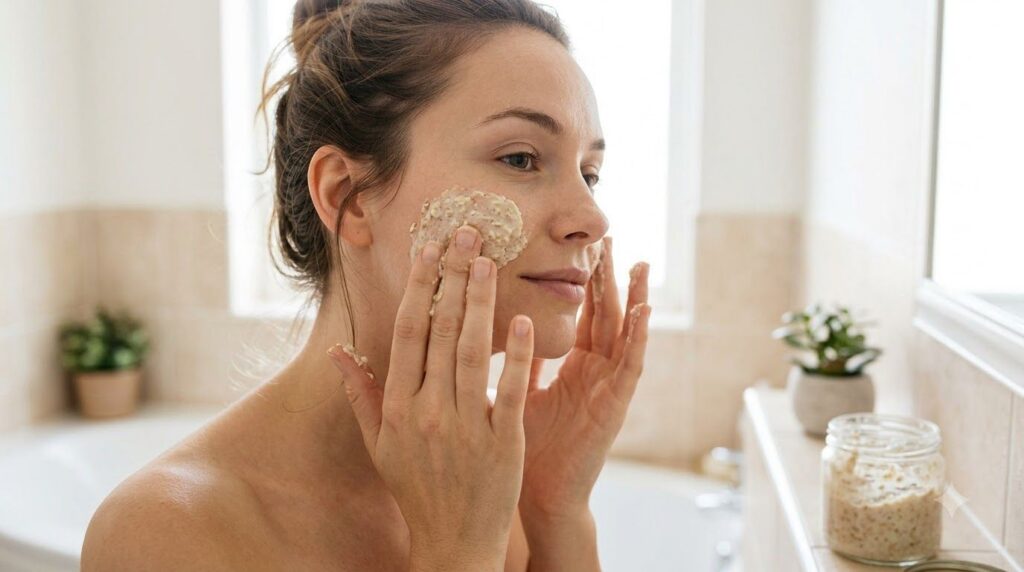 A woman gently applying the homemade creamy scrub to her cheek in a well-lit bathroom focusing on a circular motion
