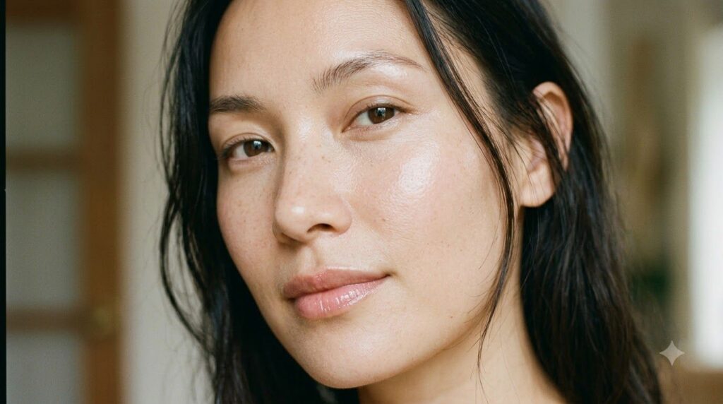 A close-up of a woman s face with noticeably smooth radiant and hydrated skin showing a healthy glow