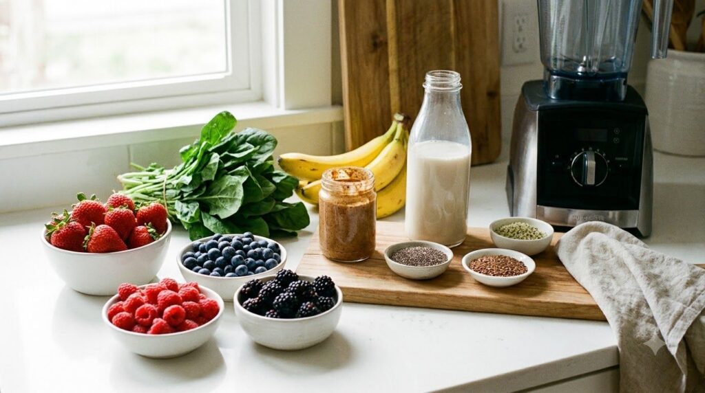 Various ingredients for a plant-based smoothie laid out on a kitchen counter fresh berries spinach bananas a jar of nut