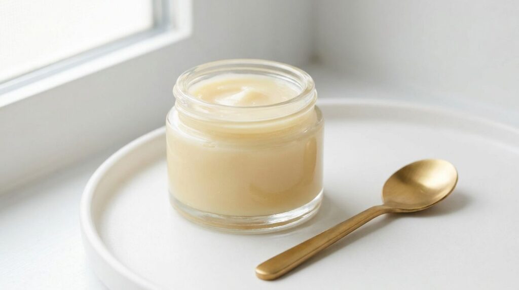 A small glass jar filled with the prepared yellow collagen gel balm with a golden spoon resting next to it