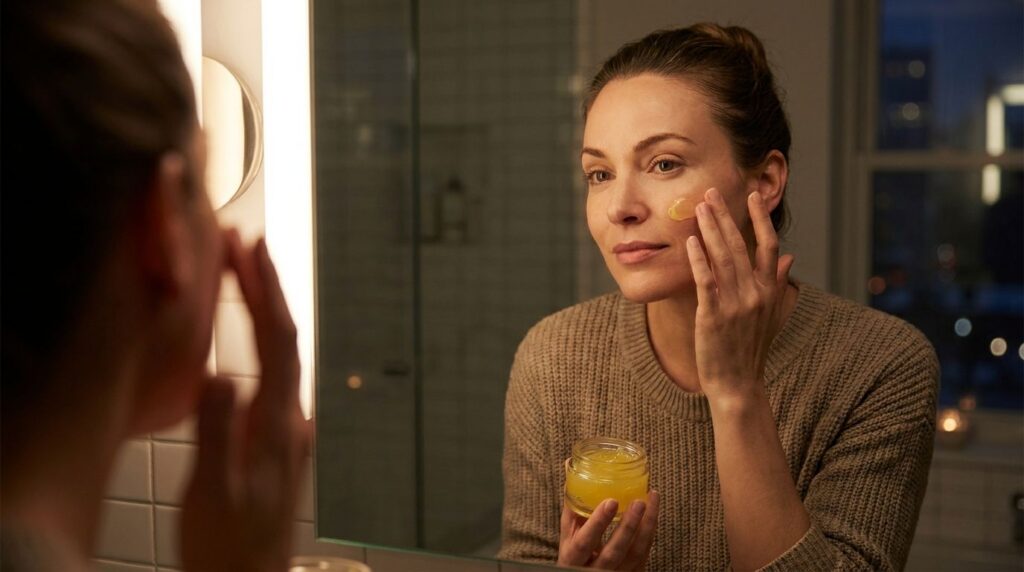 A woman gently applying a small amount of the yellow gel to her face at night in a bathroom setting