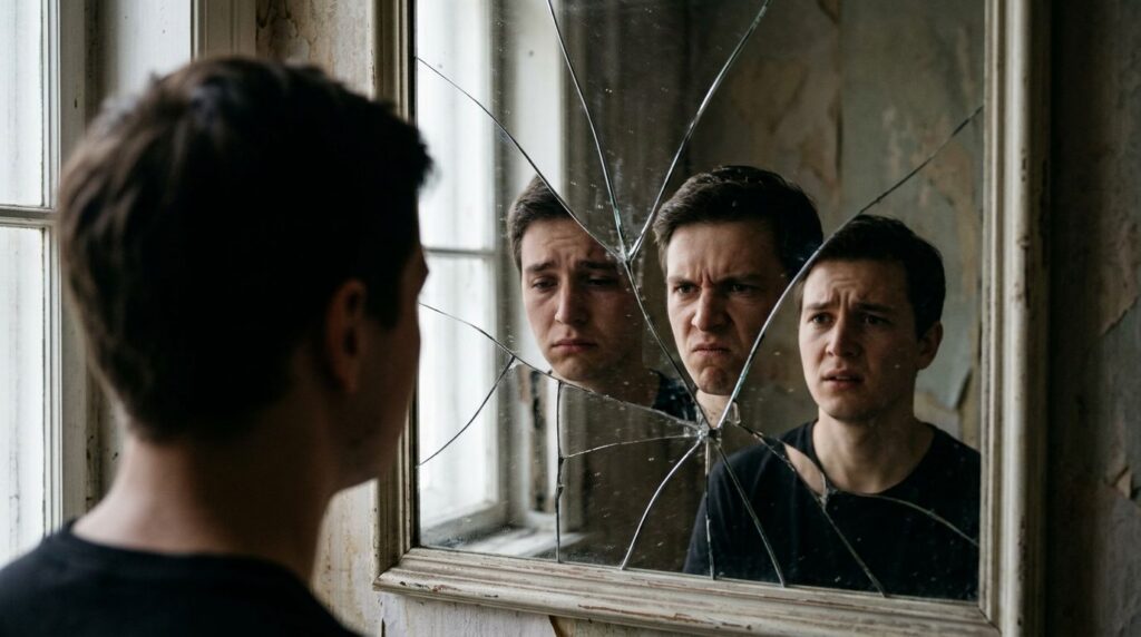 A person looking at their reflection in a cracked mirror seeing multiple versions of themselves some sad some angry some
