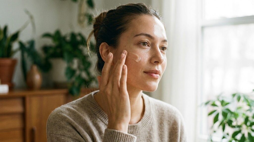 A woman gently patting a homemade serum onto her face with a soft natural glow symbolizing self-care and a simple beauty