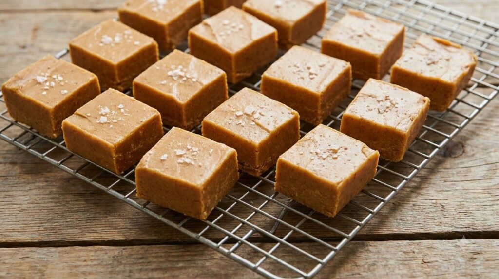 Smooth almond butter fudge squares with a light sprinkle of flaky sea salt arranged neatly on a cooling rack