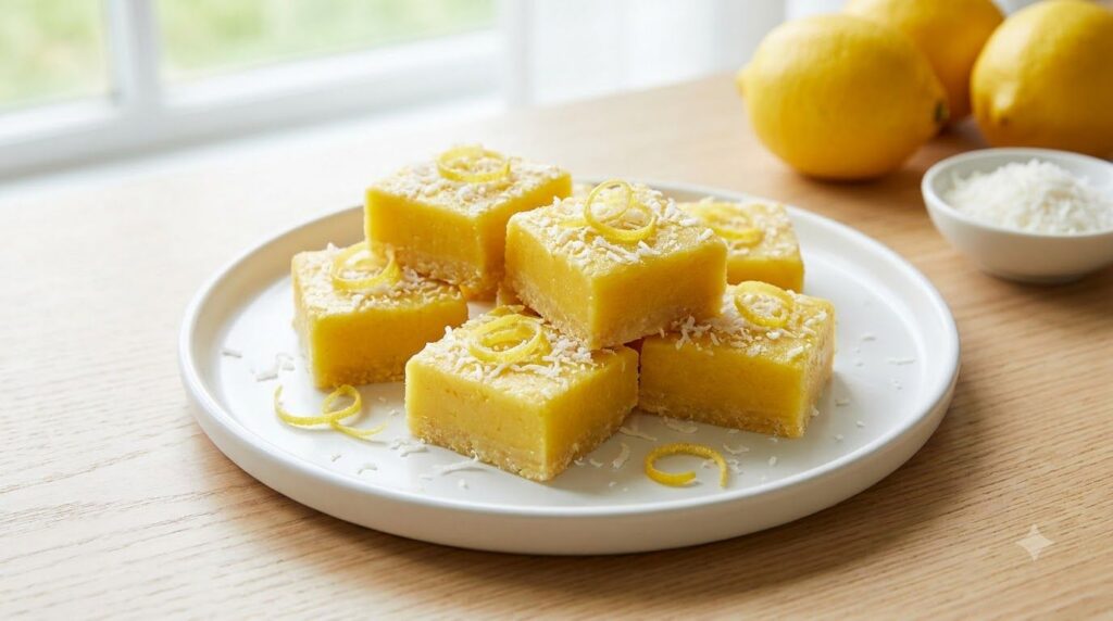 Bright yellow lemon coconut fudge squares garnished with lemon zest and shredded coconut on a white plate