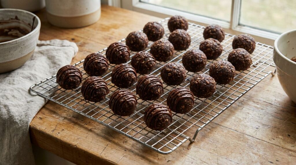 Round no-bake oatmeal fudge bites some with a drizzle of chocolate on a wire cooling rack