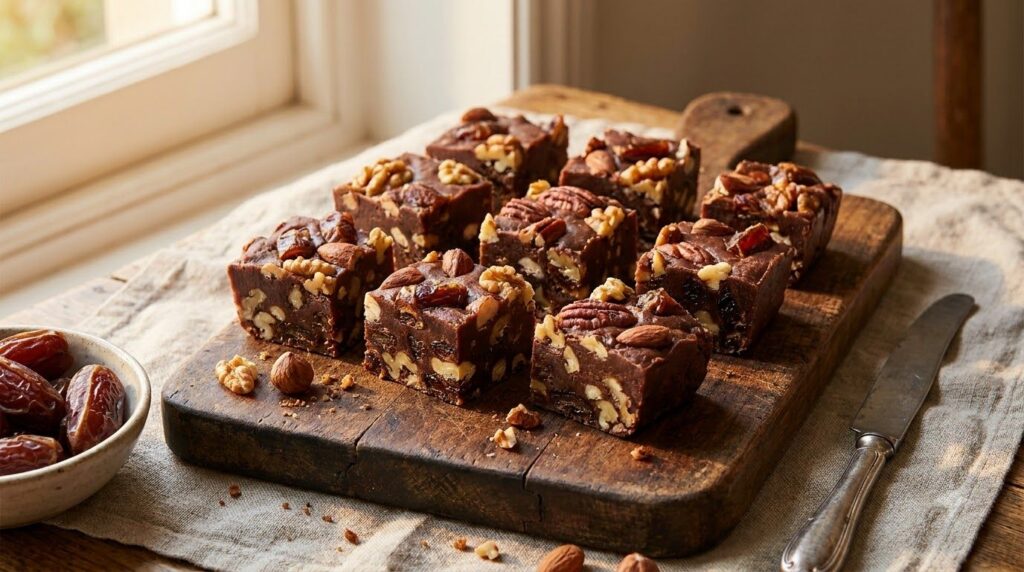 Dark rich date and nut fudge squares studded with visible pieces of nuts and dates on a rustic cutting board