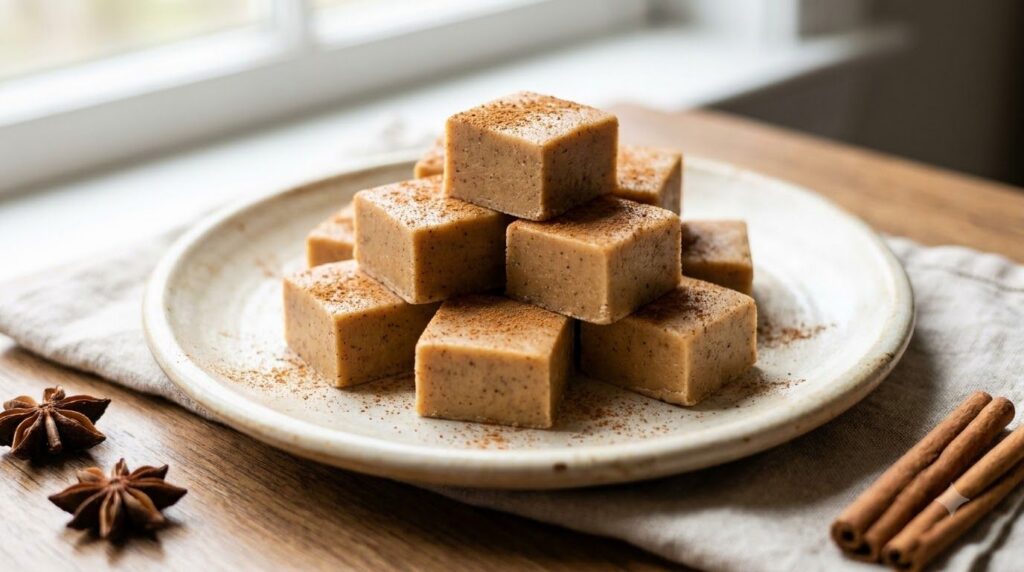 Light brown chai-spiced fudge squares dusted with a touch of cinnamon on a ceramic plate