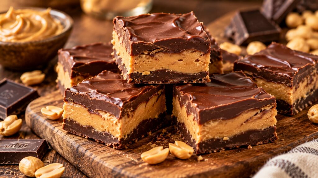 Dark chocolate peanut butter fudge squares layered with a distinct peanut butter stripe on a rustic wooden board