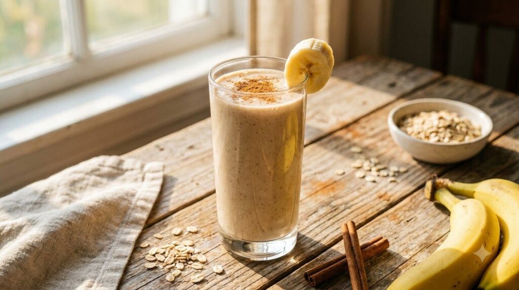 A tall glass filled with a creamy light brown banana oat smoothie garnished with a sprinkle of cinnamon and a slice of b