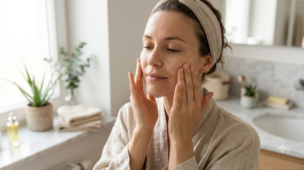 A woman gently massaging a cream and oil mixture onto her clean face with her fingertips showing a calm expression