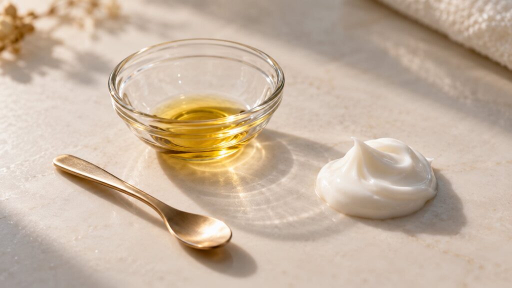 Small glass bowl containing a few drops of argan oil next to a pea-sized dollop of white cream on a clean surface with a
