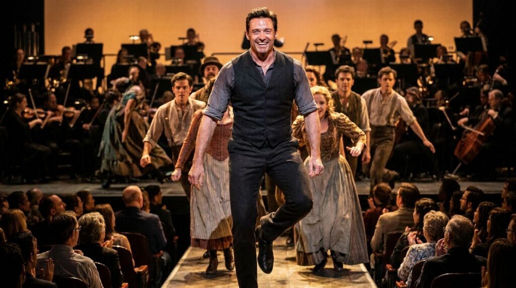 Hugh Jackman performing on stage in a musical perhaps The Boy from Oz or Les Misérables in a vibrant theatrical setting 