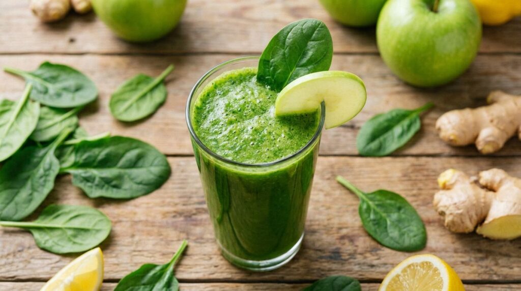A vibrant green juice in a tall glass garnished with a spinach leaf and a thin slice of green apple The juice contains s