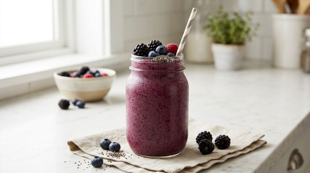 A rich purple berry smoothie in a glass jar with a straw topped with a few fresh berries and a sprinkle of chia seeds Th