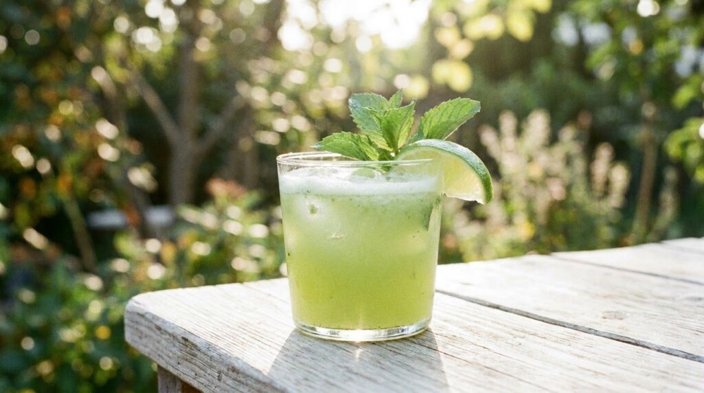A clear glass filled with a light green cucumber and mint juice garnished with fresh mint leaves and a lime wedge The gl