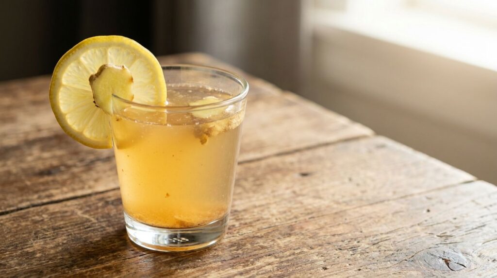 A small clear glass with a light amber-colored tonic garnished with a thin lemon slice and a small piece of fresh ginger