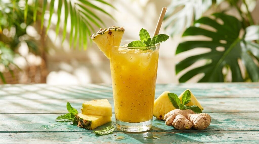 A vibrant yellow-orange juice in a clear glass garnished with a fresh pineapple chunk and a mint leaf The juice contains